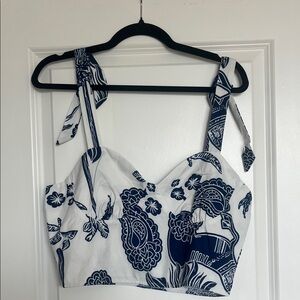 Women's White and Blue Patterned Top With Shoulder Ties